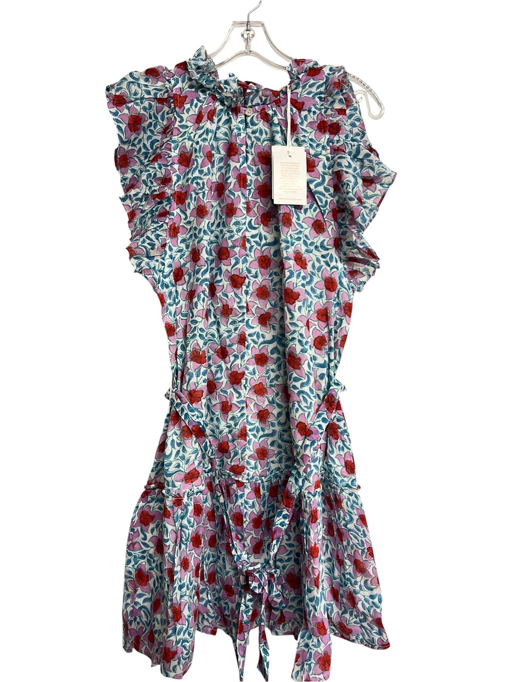 New Oliphant Floral Belted Mini Dress‎ Ruffle Hem Jardin Turquoise Coquette